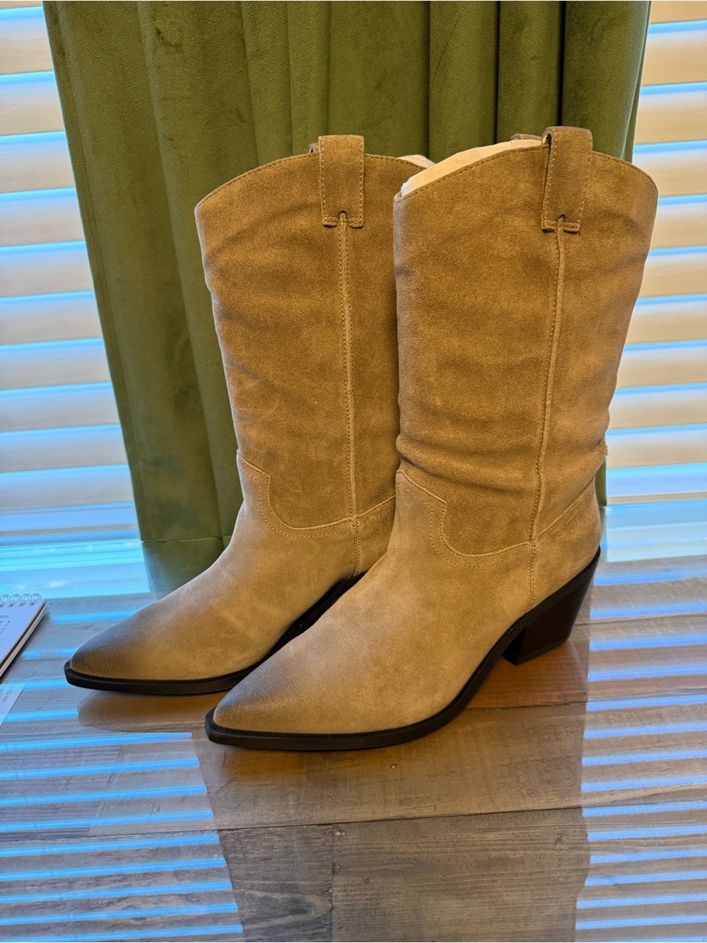 Steve Madden Stetson Suede Western Mid-Calf Boots in Grey Beige 7.5